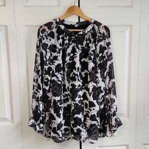 Design In Italy Black & White Floral Blouse Size XL Sheer Balloon‎ Office Party